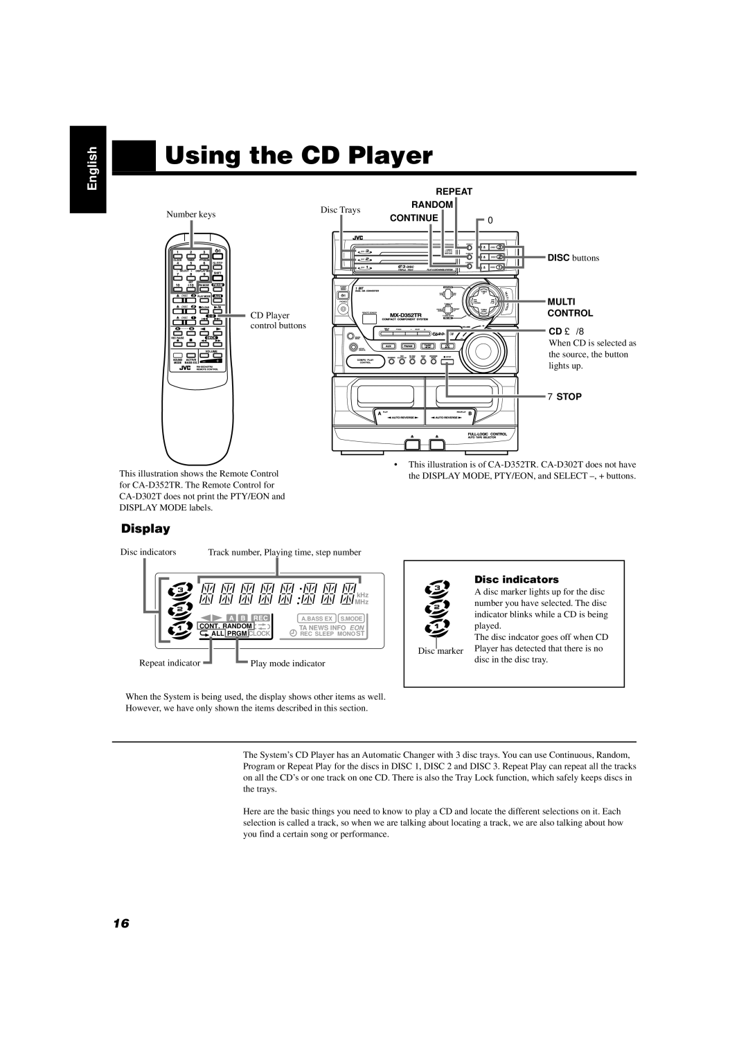 JVC CA-D352TR, CA-D302T manual Using the CD Player, Disc indicators 