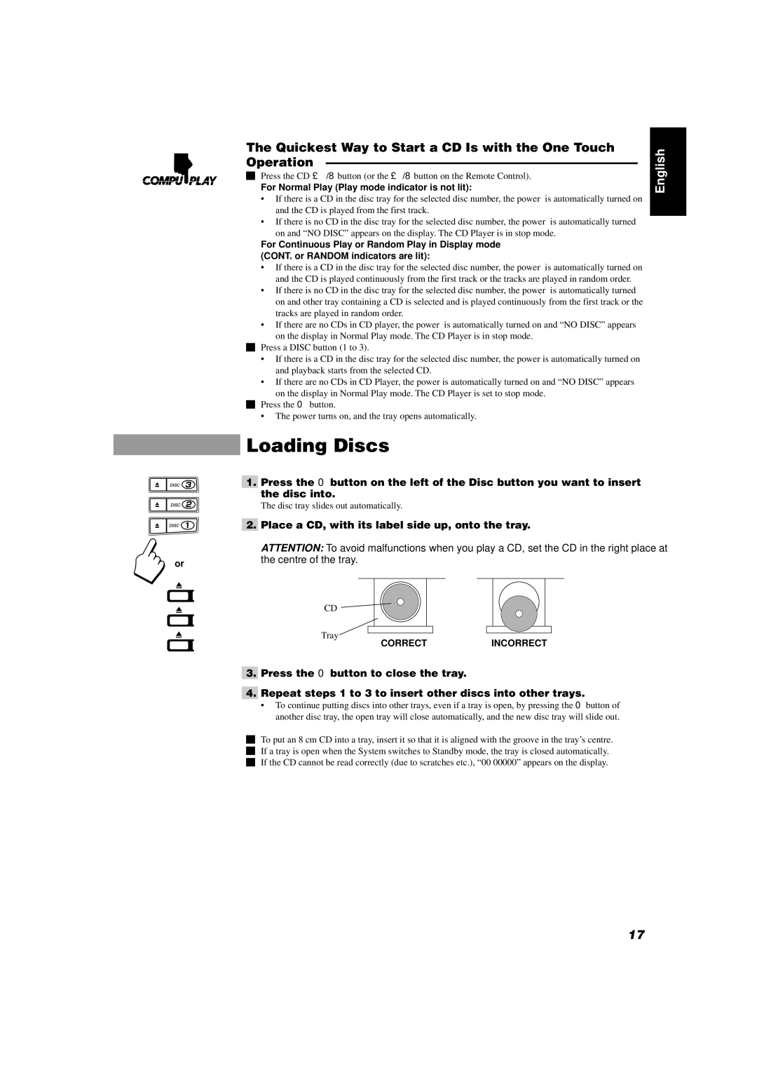 JVC CA-D302T, CA-D352TR manual Loading Discs, Quickest Way to Start a CD Is with the One Touch Operation, Correctincorrect 