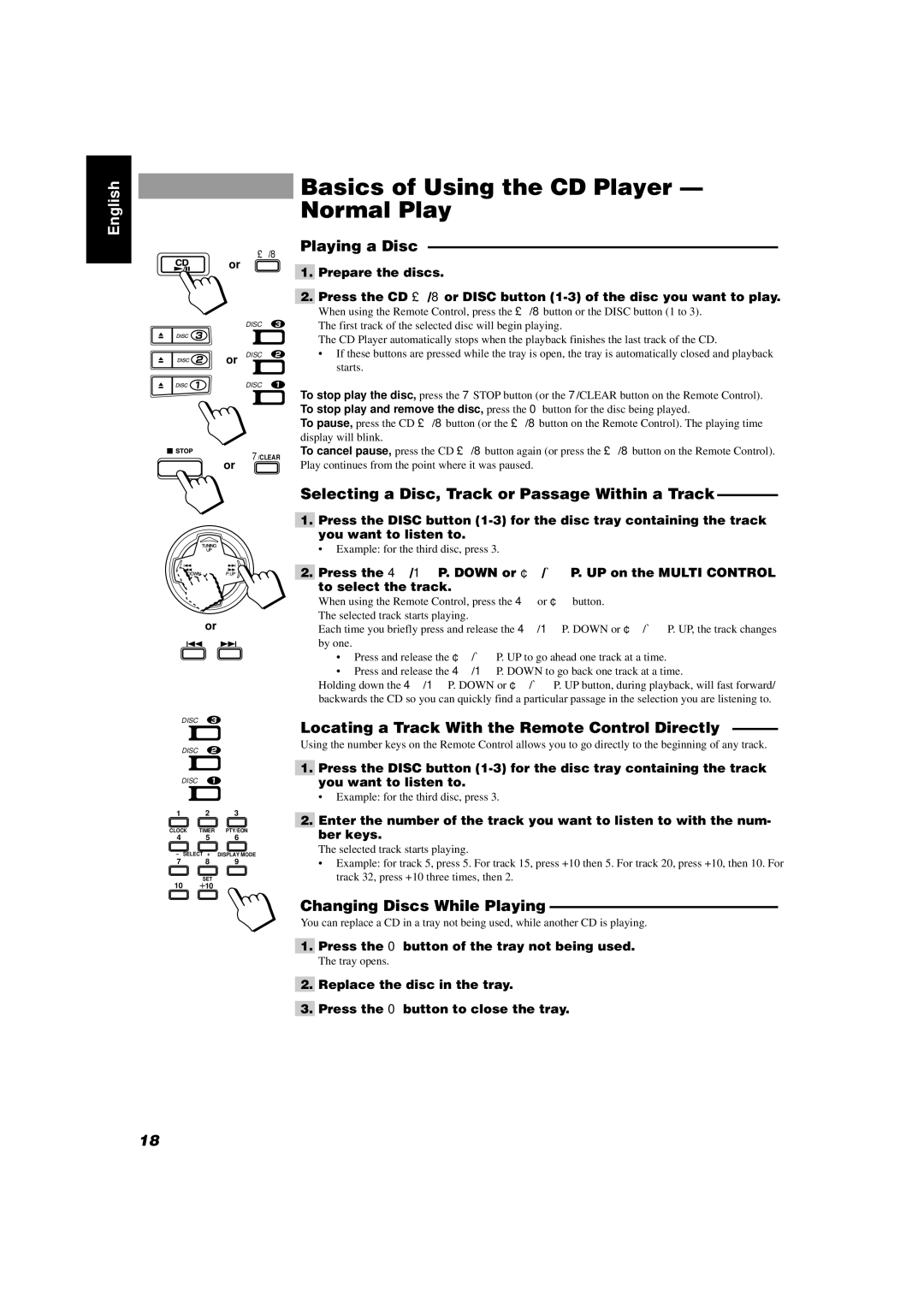 JVC CA-D352TR Basics of Using the CD Player Normal Play, Playing a Disc, Selecting a Disc, Track or Passage Within a Track 