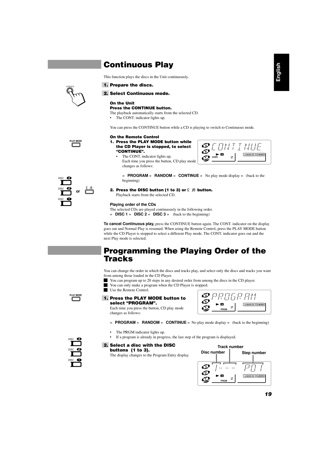 JVC CA-D302T, CA-D352TR manual Continuous Play, Programming the Playing Order of the Tracks 