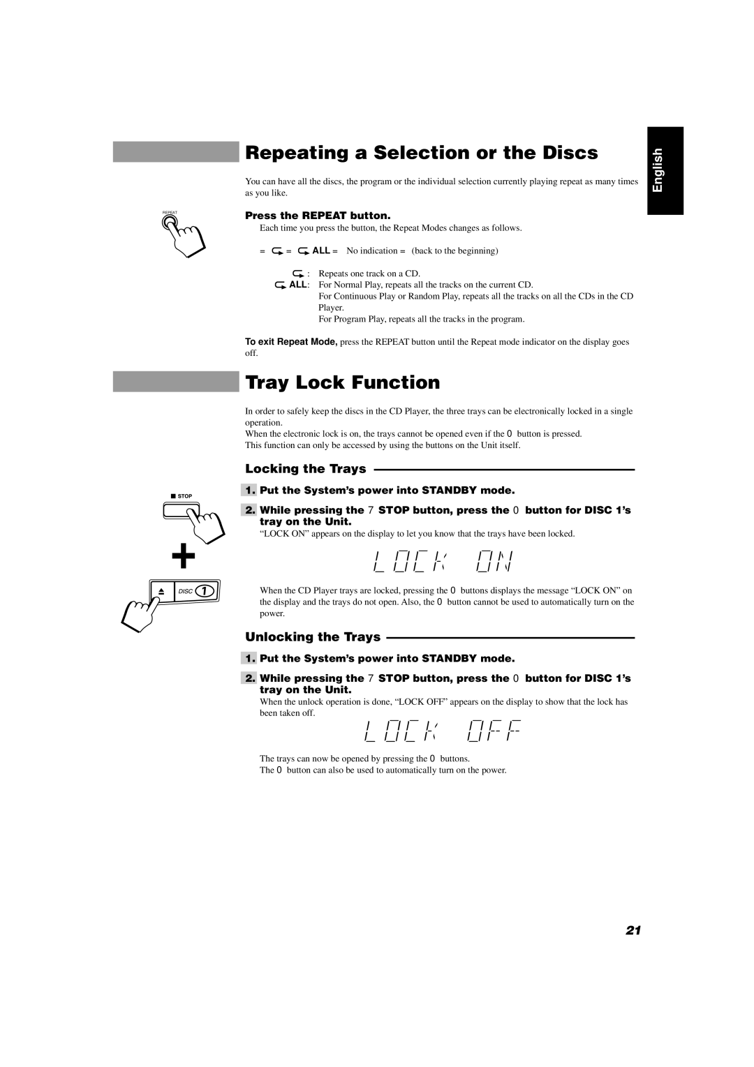 JVC CA-D302T, CA-D352TR Repeating a Selection or the Discs, Tray Lock Function, Locking the Trays, Unlocking the Trays 