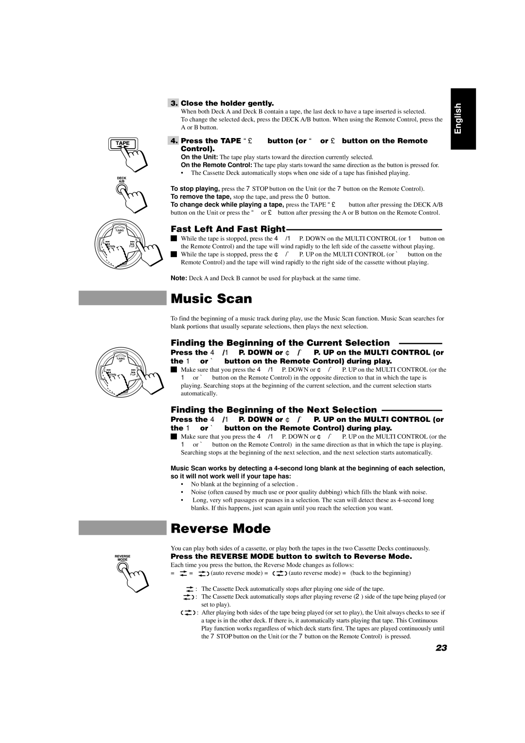 JVC CA-D302T, CA-D352TR Music Scan, Reverse Mode, Fast Left And Fast Right, Finding the Beginning of the Current Selection 