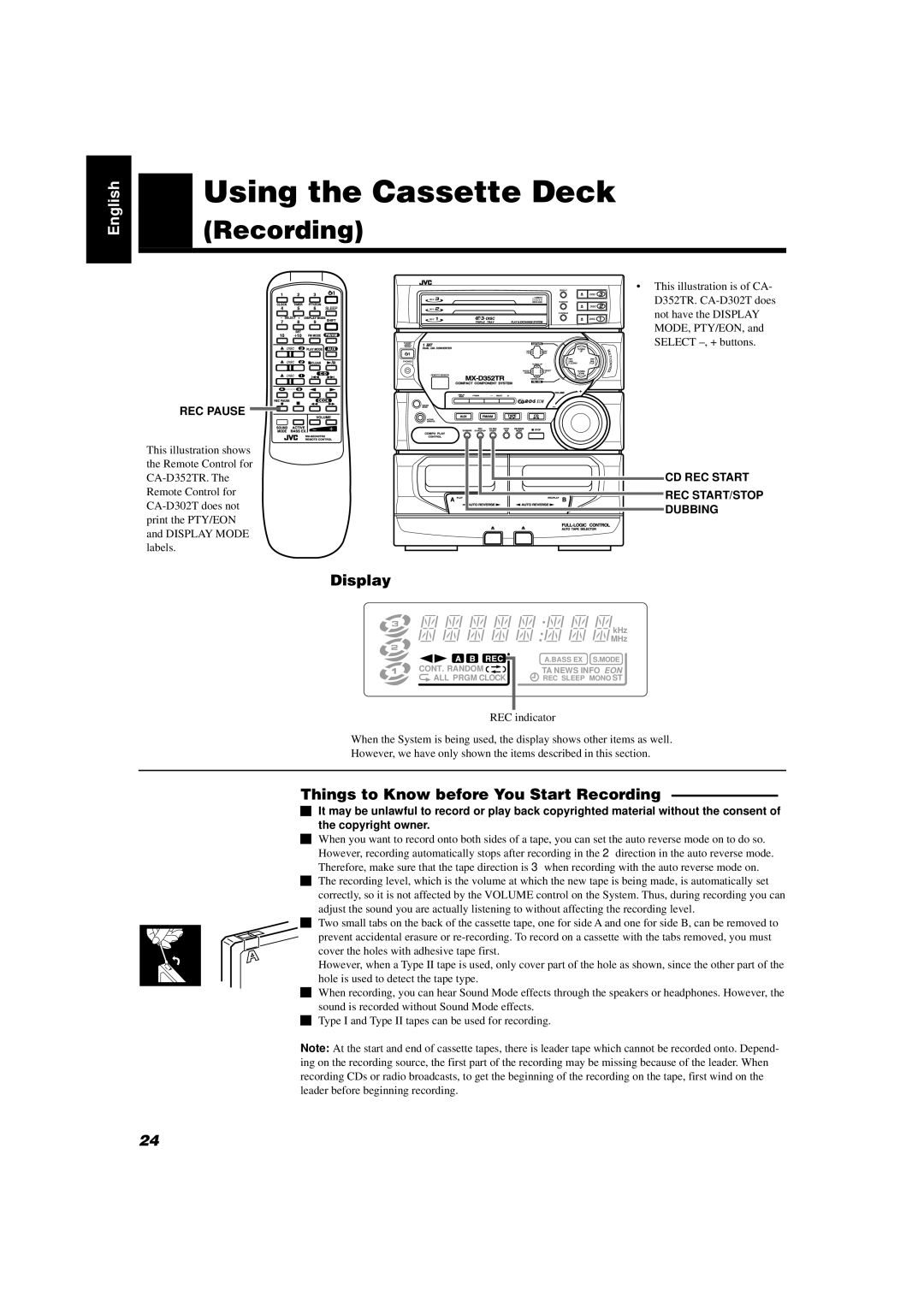 JVC CA-D352TR, CA-D302T manual Things to Know before You Start Recording, REC Pause, CD REC Start REC START/STOP Dubbing 