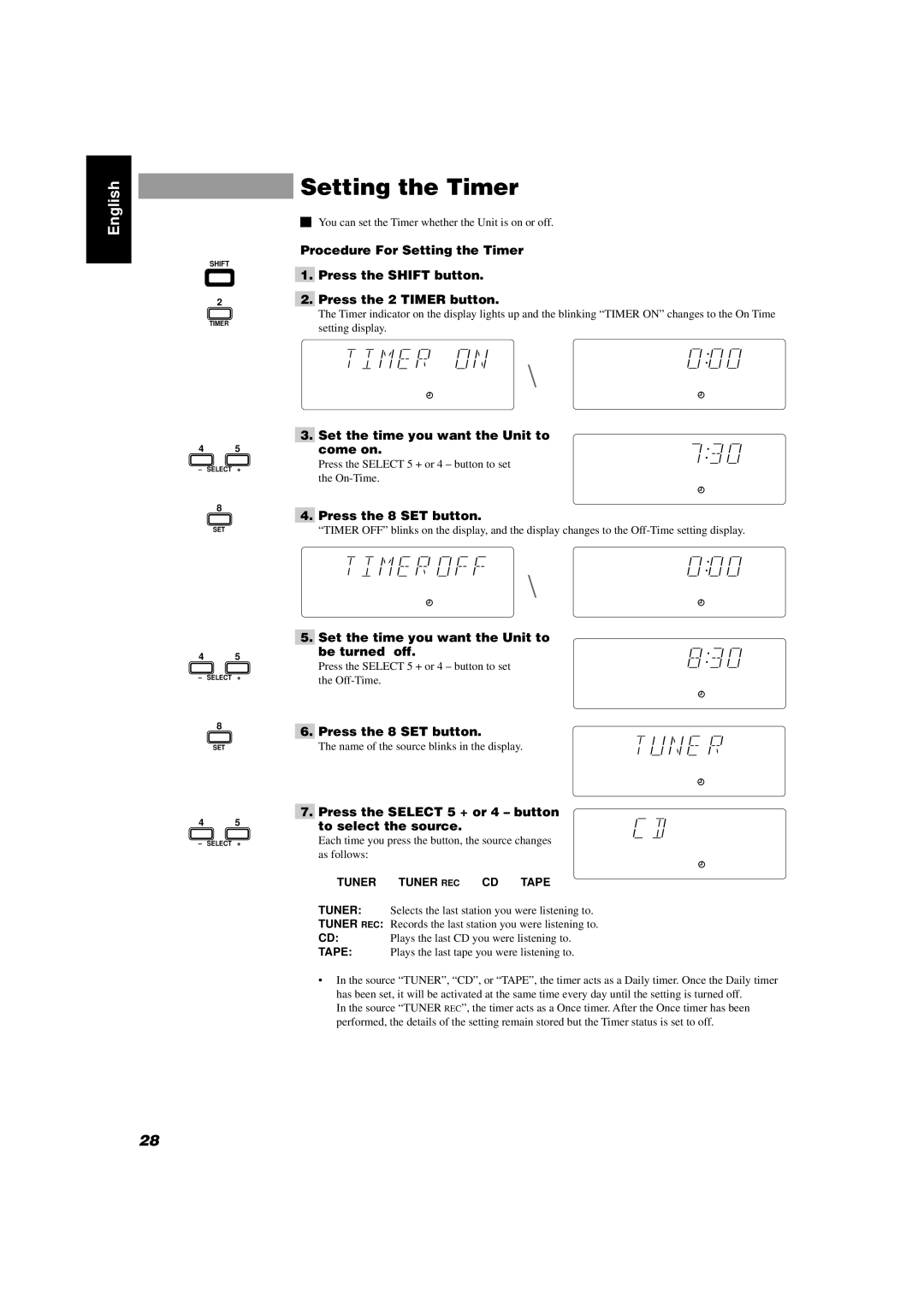 JVC CA-D352TR, CA-D302T manual Setting the Timer 