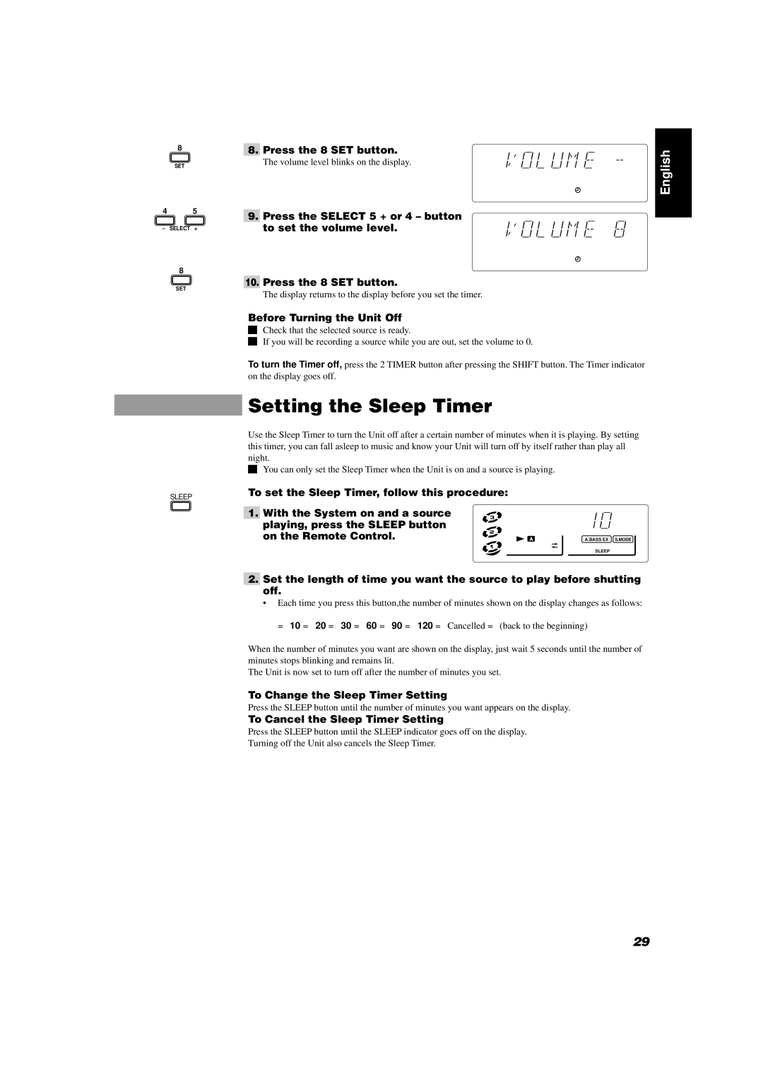 JVC CA-D302T, CA-D352TR manual Setting the Sleep Timer, Before Turning the Unit Off, To Change the Sleep Timer Setting 