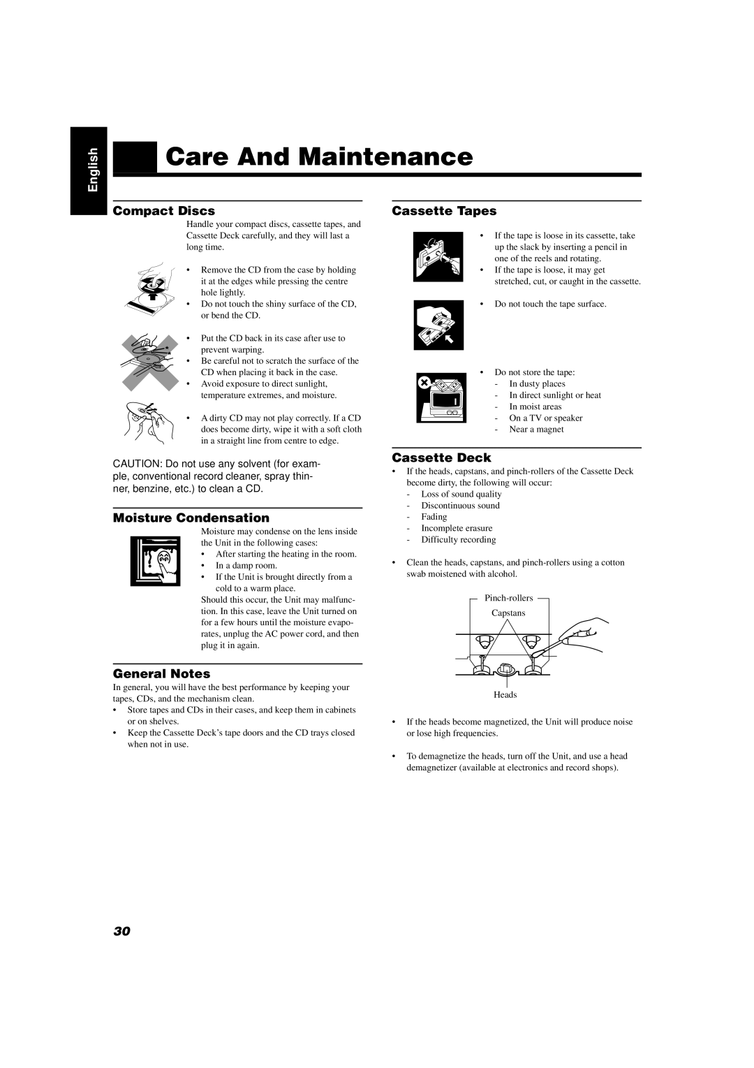 JVC CA-D352TR Care And Maintenance, Compact Discs Cassette Tapes, Moisture Condensation, General Notes, Cassette Deck 