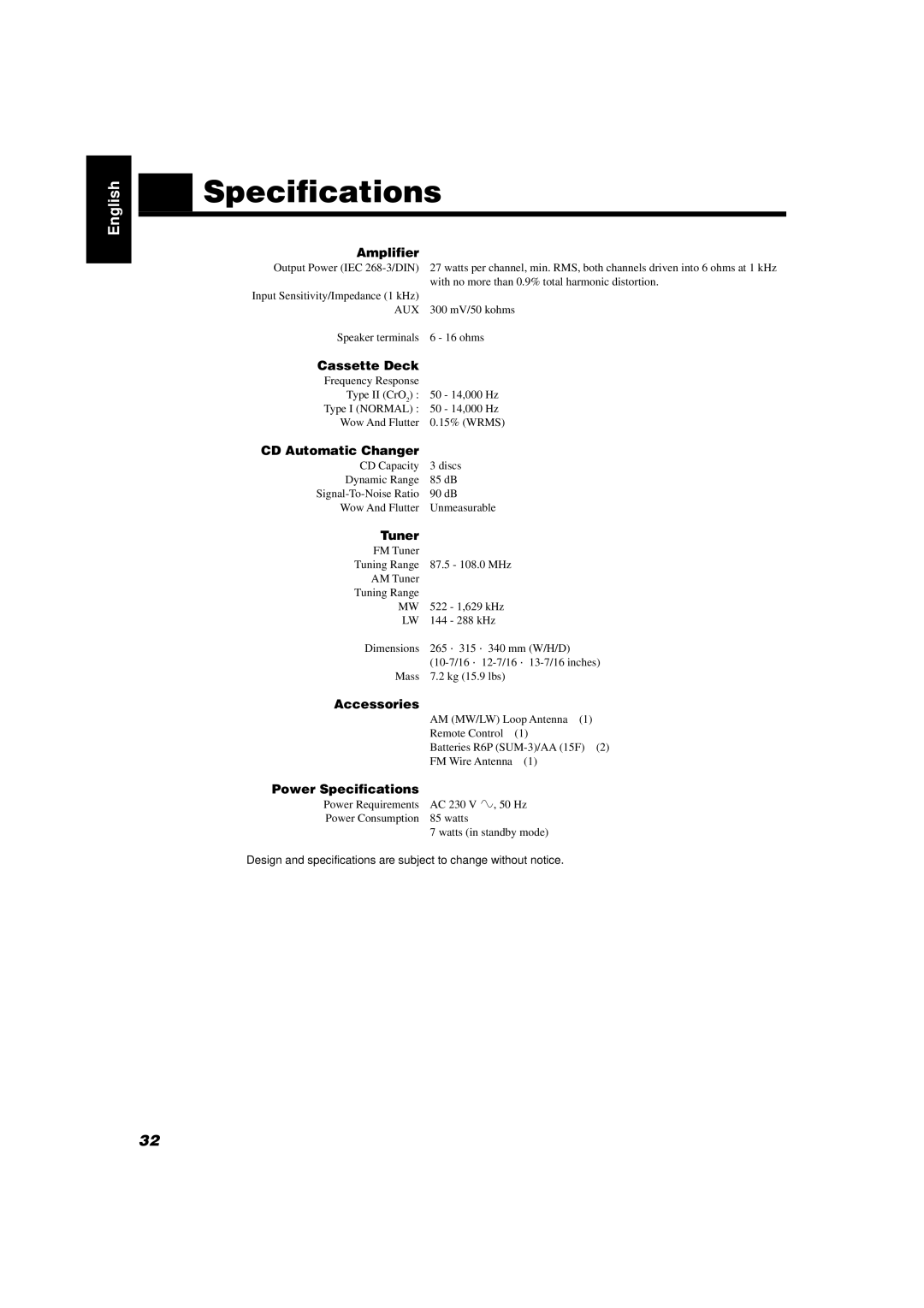 JVC CA-D352TR, CA-D302T manual Specifications 