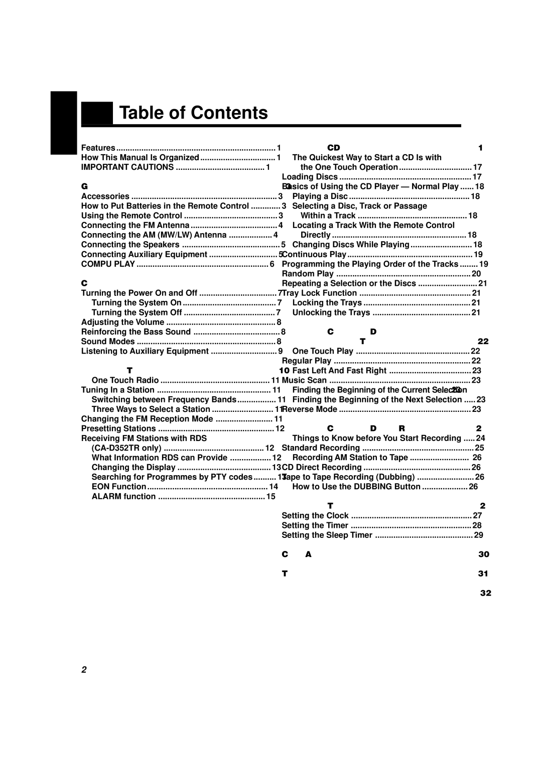 JVC CA-D352TR, CA-D302T manual Table of Contents 