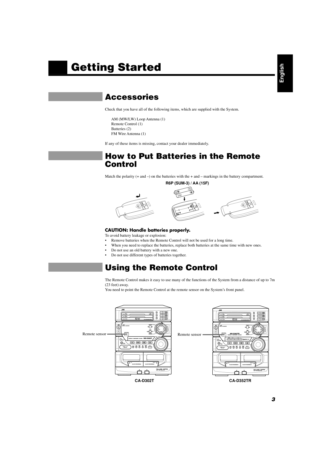 JVC CA-D302T, CA-D352TR Getting Started, Accessories, How to Put Batteries in the Remote Control, Using the Remote Control 