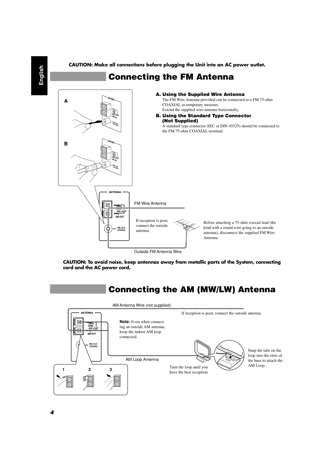 JVC CA-D352TR, CA-D302T manual Connecting the FM Antenna, Connecting the AM MW/LW Antenna, Using the Supplied Wire Antenna 