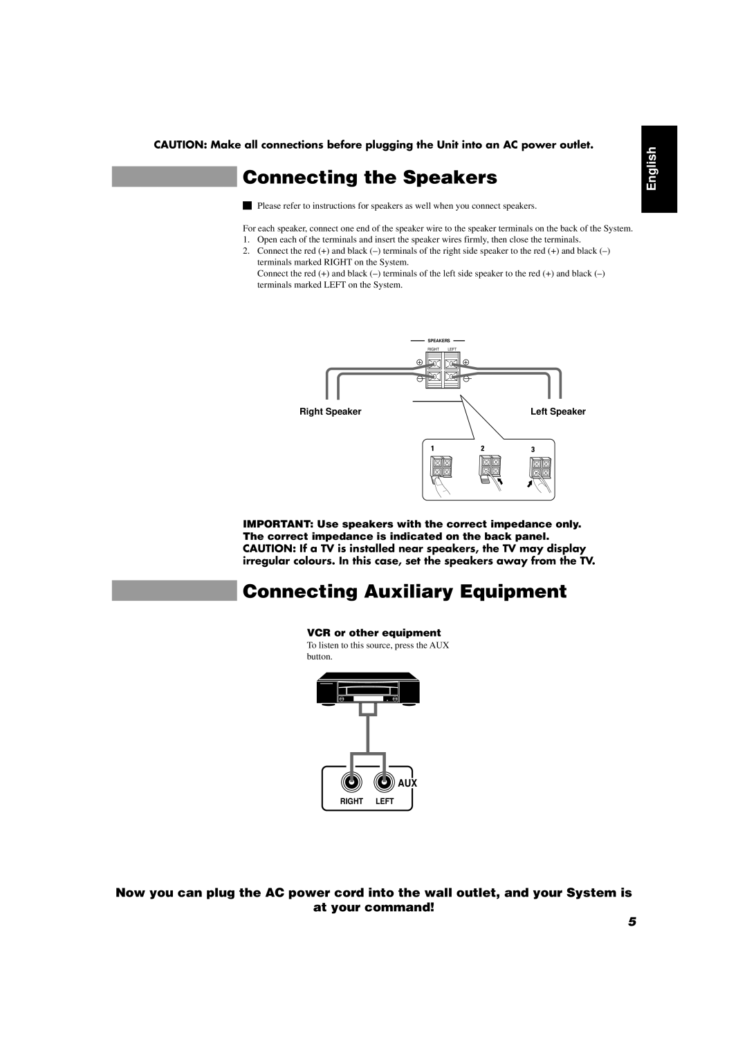 JVC CA-D302T, CA-D352TR Connecting the Speakers, Connecting Auxiliary Equipment, VCR or other equipment, Right Speaker 