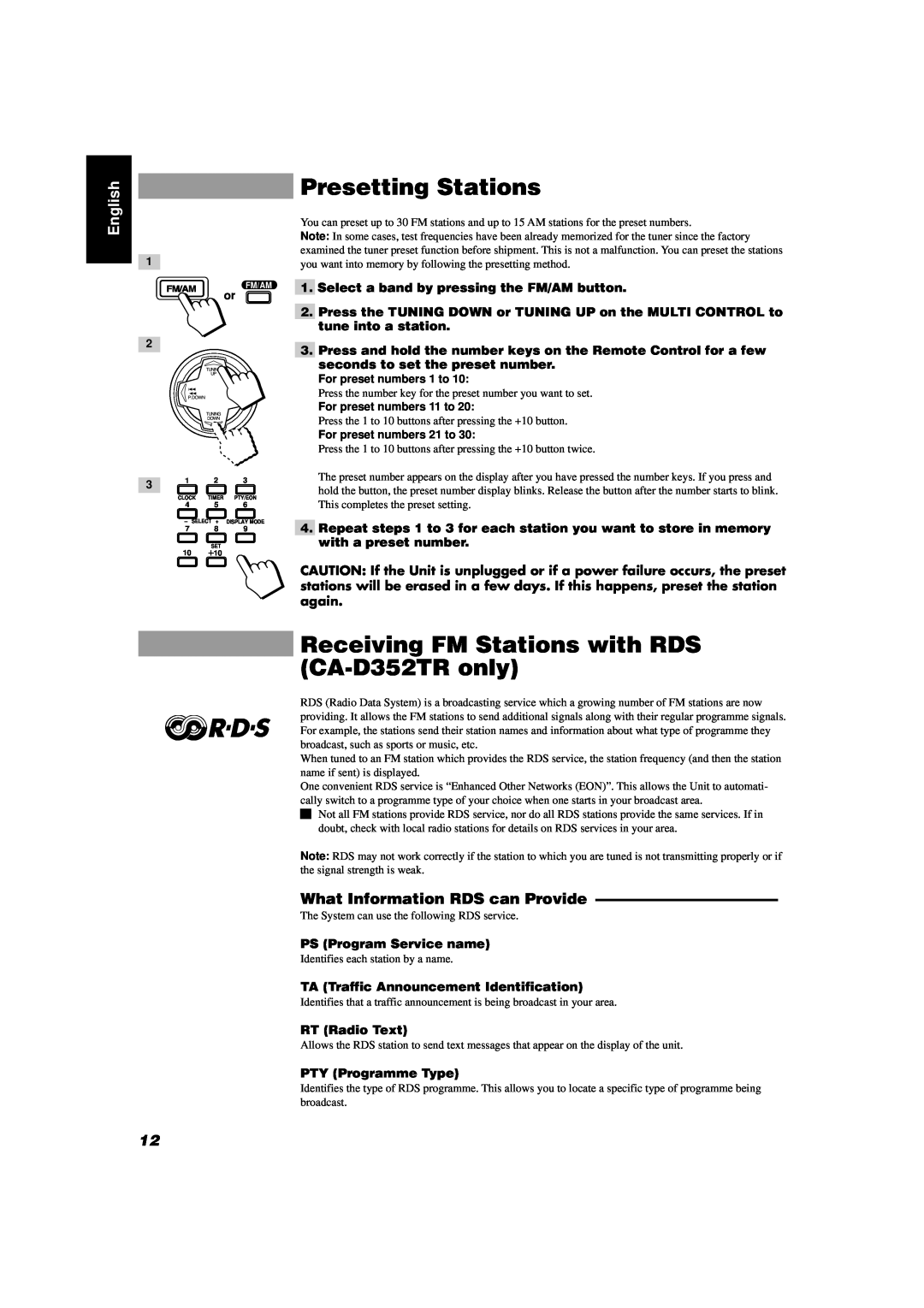 JVC manual Presetting Stations, Receiving FM Stations with RDS CA-D352TRonly, What Information RDS can Provide, English 