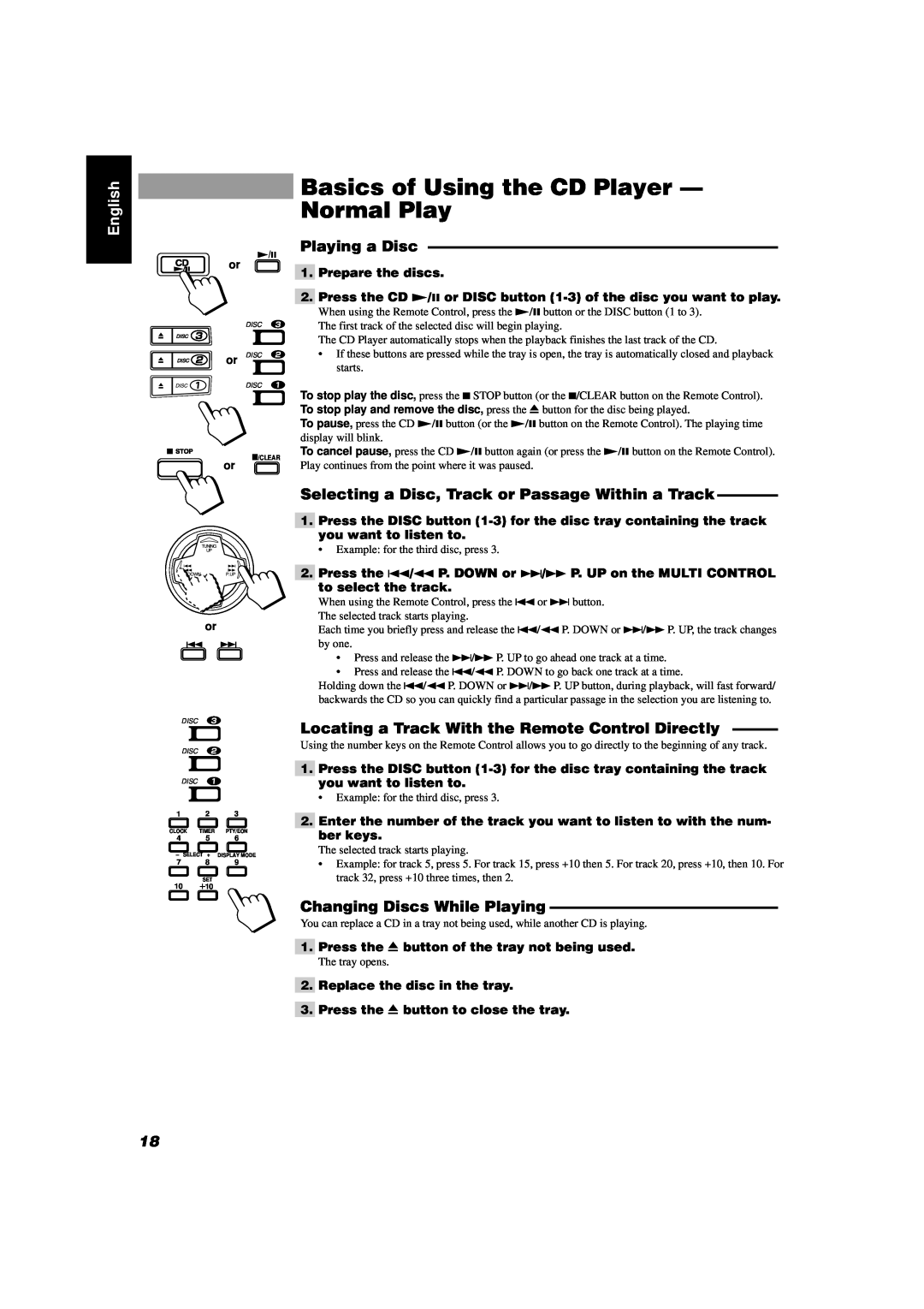 JVC CA-D352TR, CA-D302T Basics of Using the CD Player - Normal Play, Playing a Disc, Changing Discs While Playing, English 