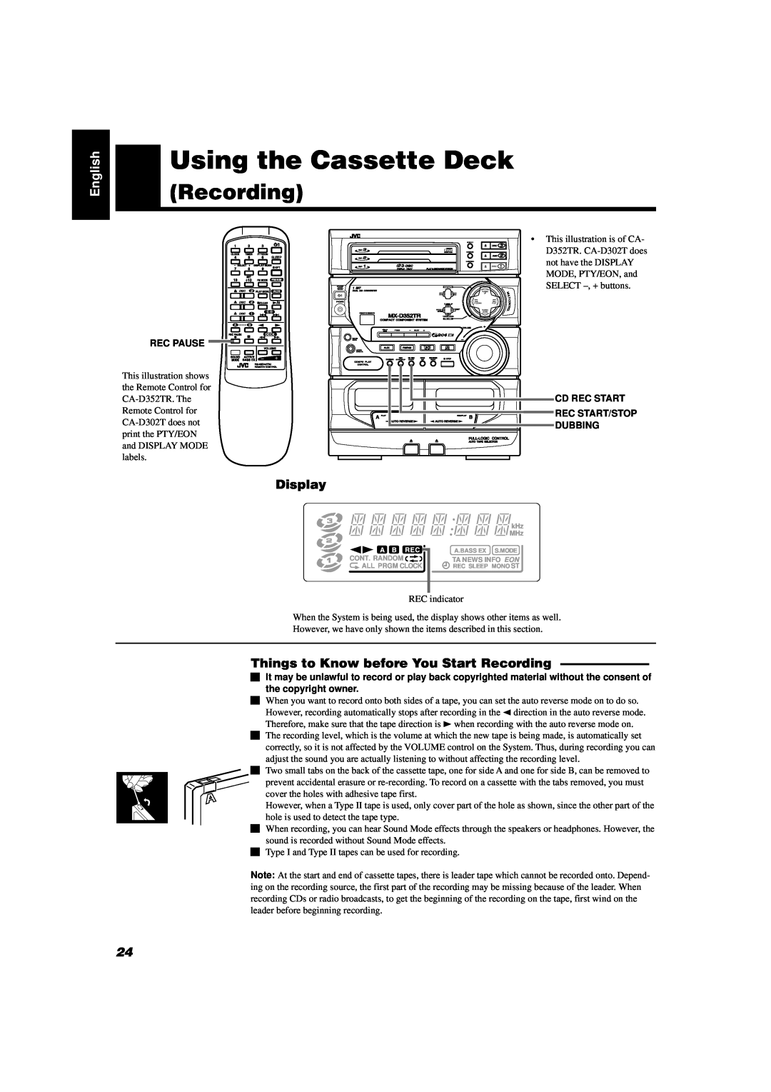 JVC CA-D352TR manual Things to Know before You Start Recording, Using the Cassette Deck, English, Display, Rec Pause 