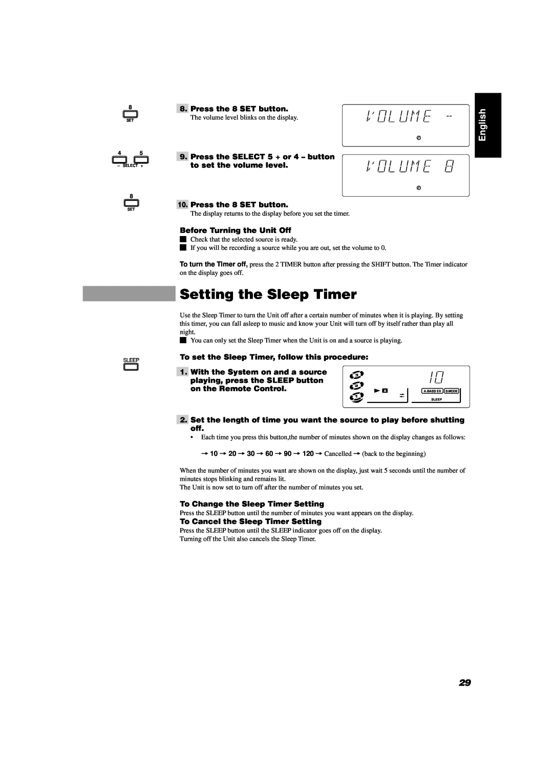 JVC CA-D302T Setting the Sleep Timer, English, Press the 8 SET button, Before Turning the Unit Off, on the Remote Control 
