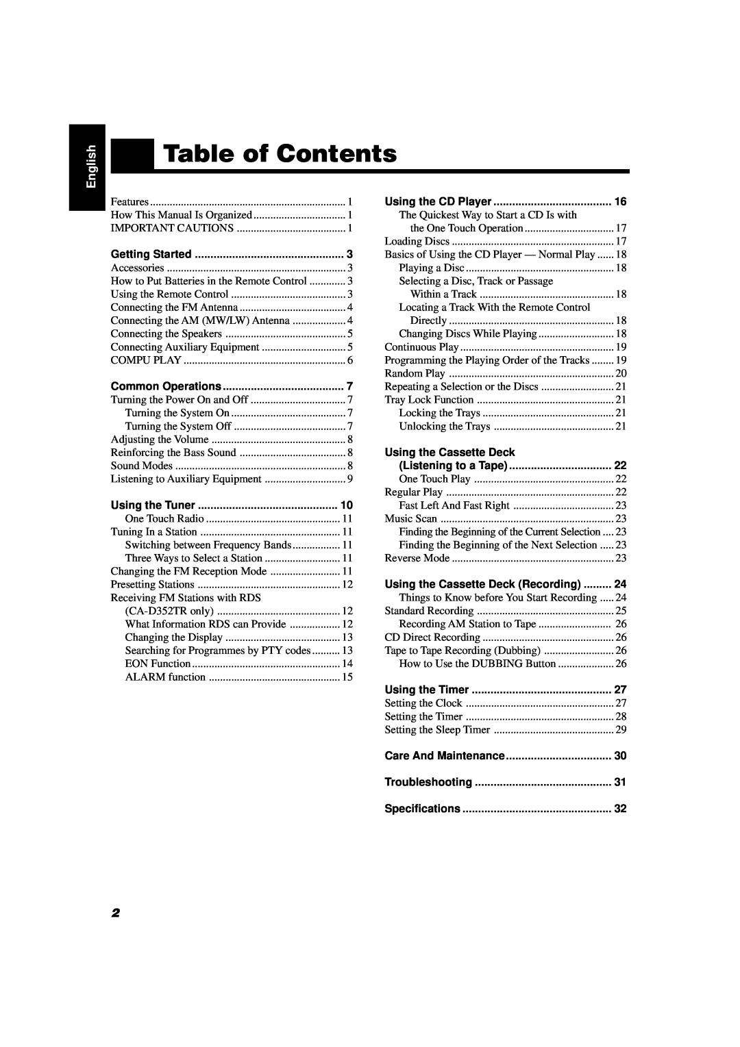 JVC CA-D352TR, CA-D302T manual Table of Contents, Using the Cassette Deck, Using the Tuner, English 