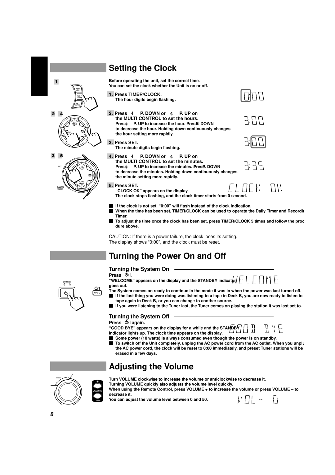 JVC CA-D432TR, CA-D452TR manual Setting the Clock, Turning the Power On and Off, Adjusting the Volume, Turning the System On 