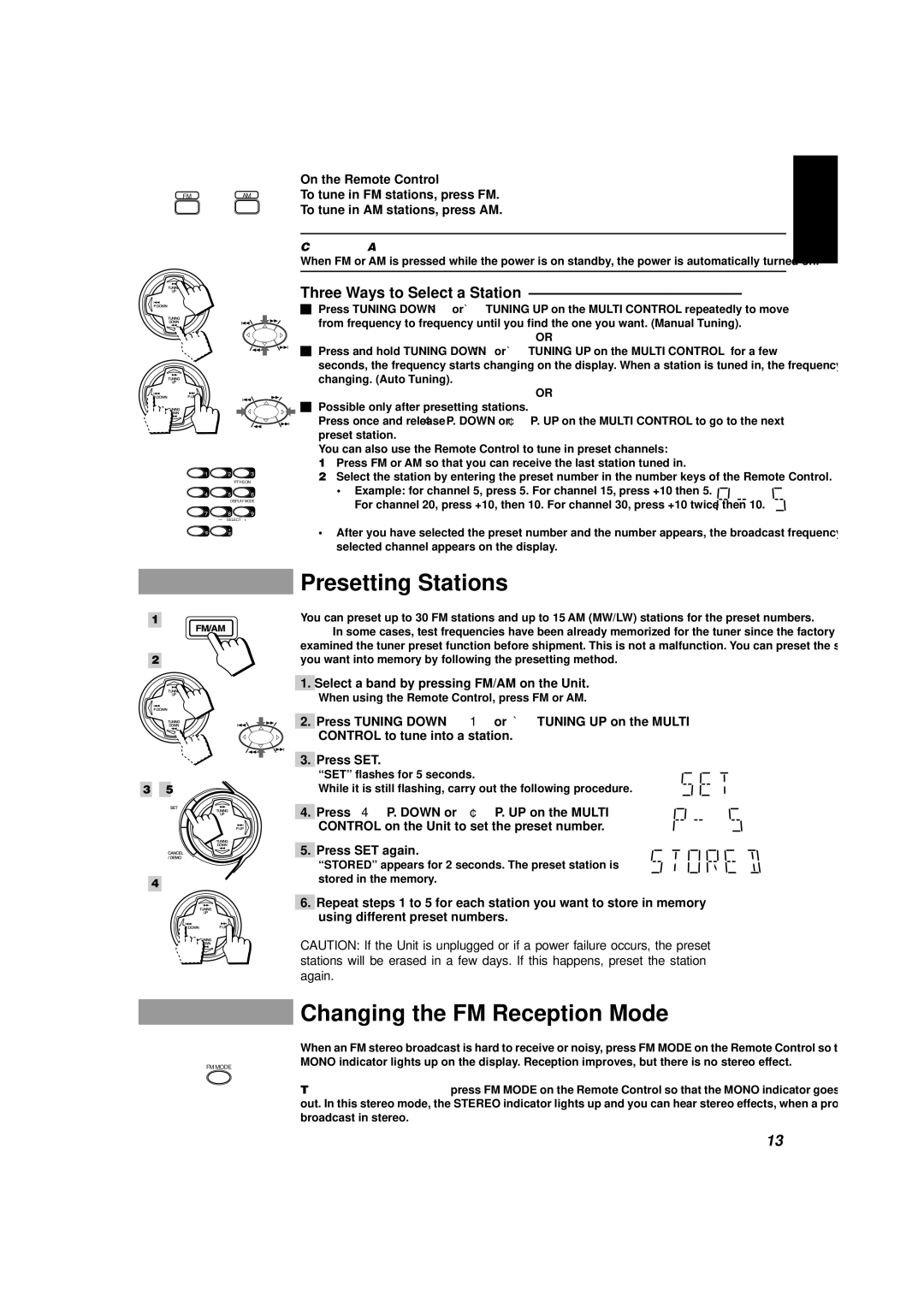 JVC CA-D452TR, CA-D432TR manual Presetting Stations, Changing the FM Reception Mode, Three Ways to Select a Station 