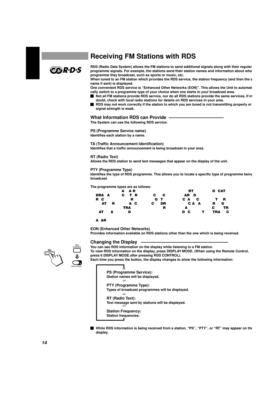 JVC CA-D432TR, CA-D452TR manual Receiving FM Stations with RDS, What Information RDS can Provide, Changing the Display 