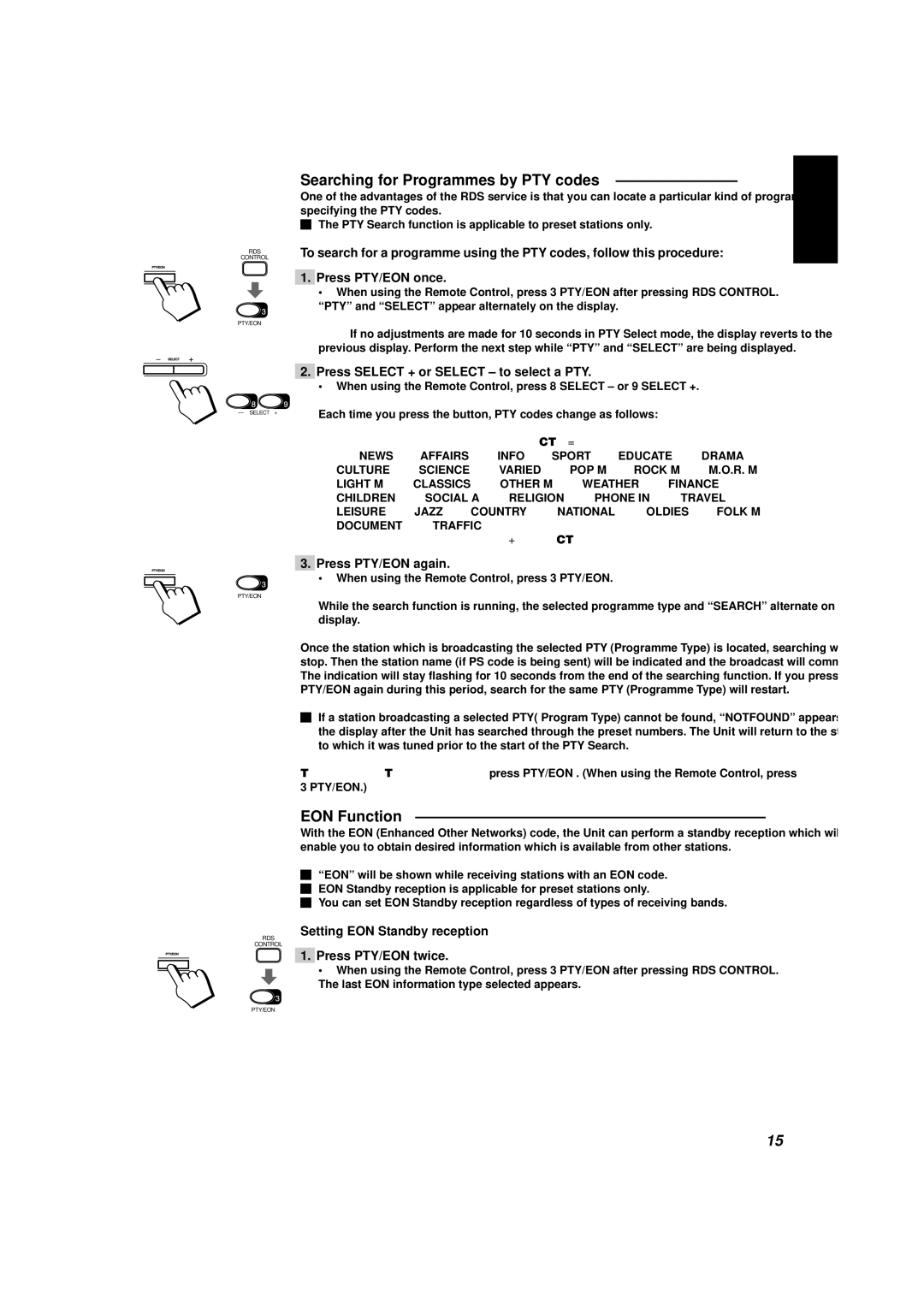 JVC CA-D452TR, CA-D432TR Searching for Programmes by PTY codes, EON Function, Press Select + or Select to select a PTY 