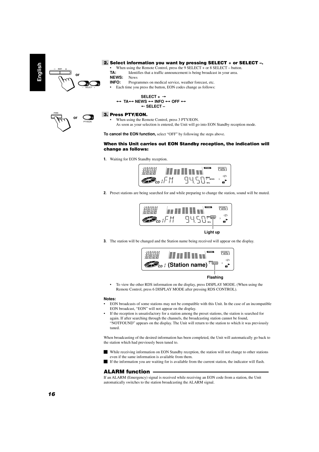 JVC CA-D432TR, CA-D452TR Alarm function, Select information you want by pressing Select + or Select, Press PTY/EON, News 