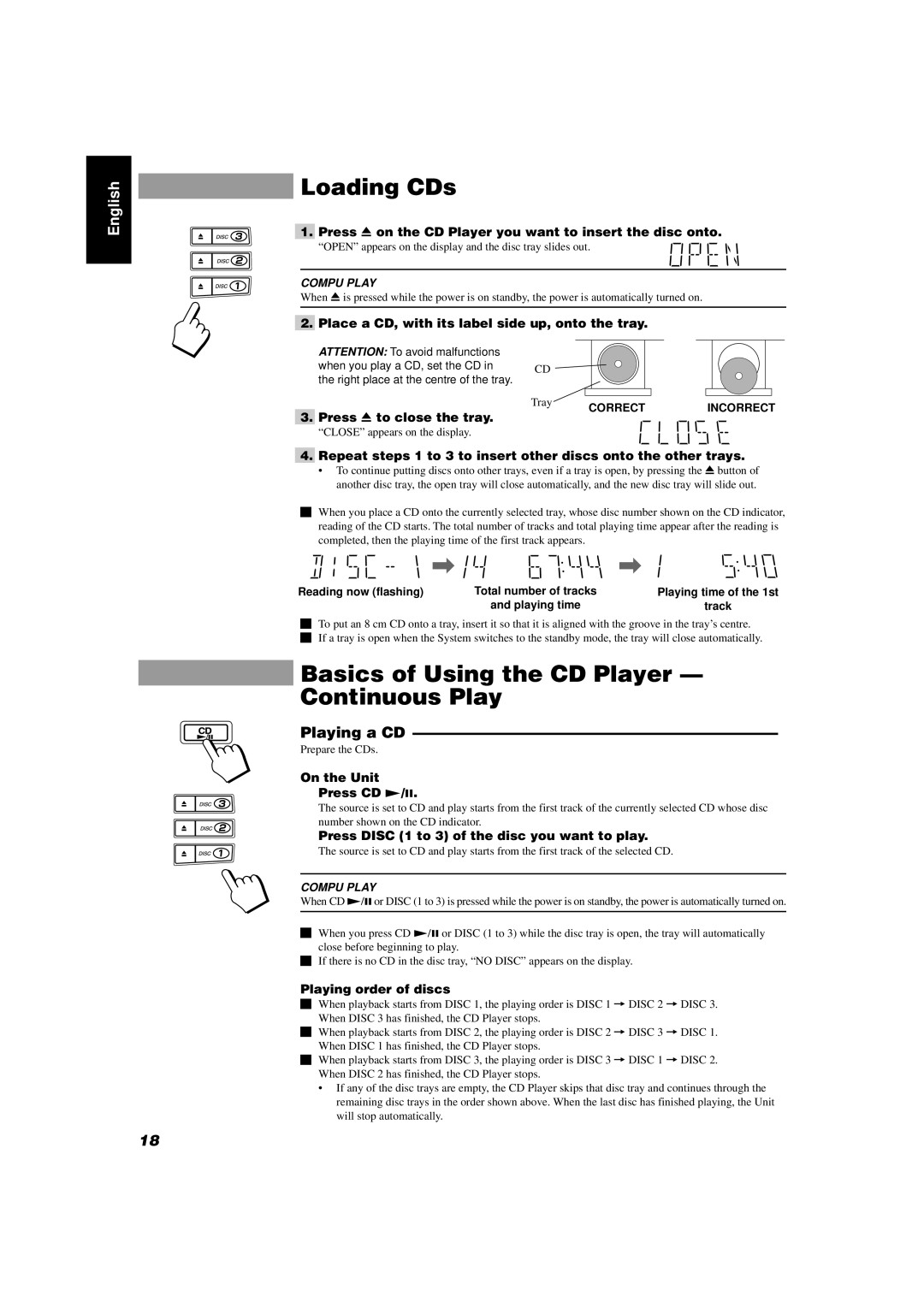 JVC CA-D432TR, CA-D452TR manual Loading CDs, Basics of Using the CD Player Continuous Play, Playing a CD 