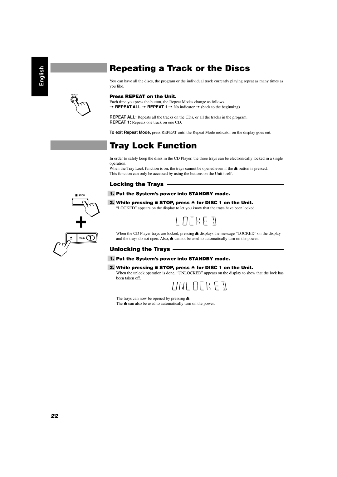 JVC CA-D432TR, CA-D452TR manual Repeating a Track or the Discs, Tray Lock Function, Locking the Trays, Unlocking the Trays 