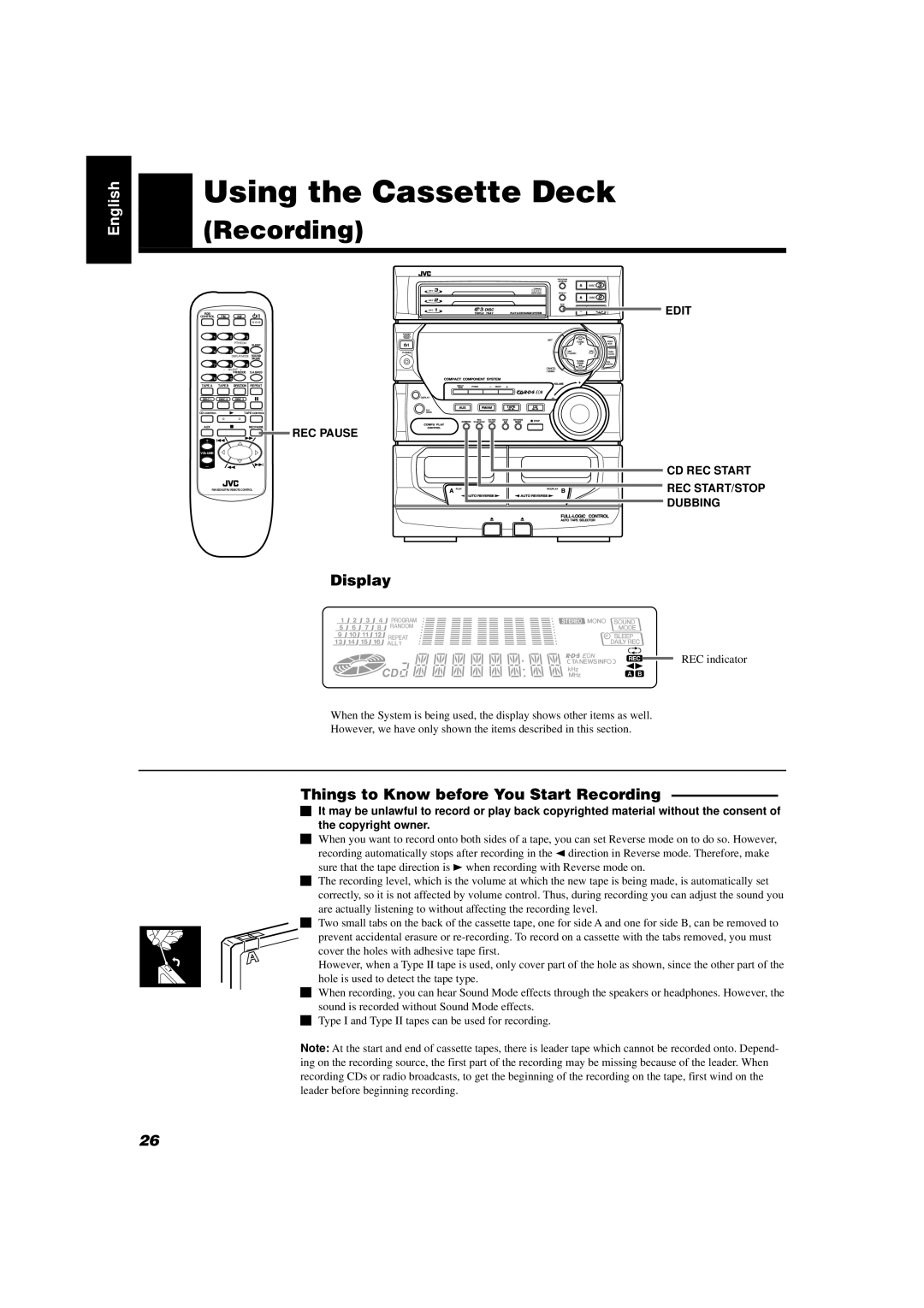 JVC CA-D432TR, CA-D452TR Things to Know before You Start Recording, REC Pause, Edit CD REC Start REC START/STOP Dubbing 