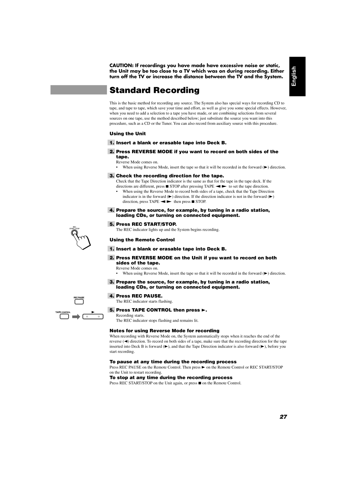 JVC CA-D452TR, CA-D432TR Standard Recording, Check the recording direction for the tape, Press Tape Control then press 