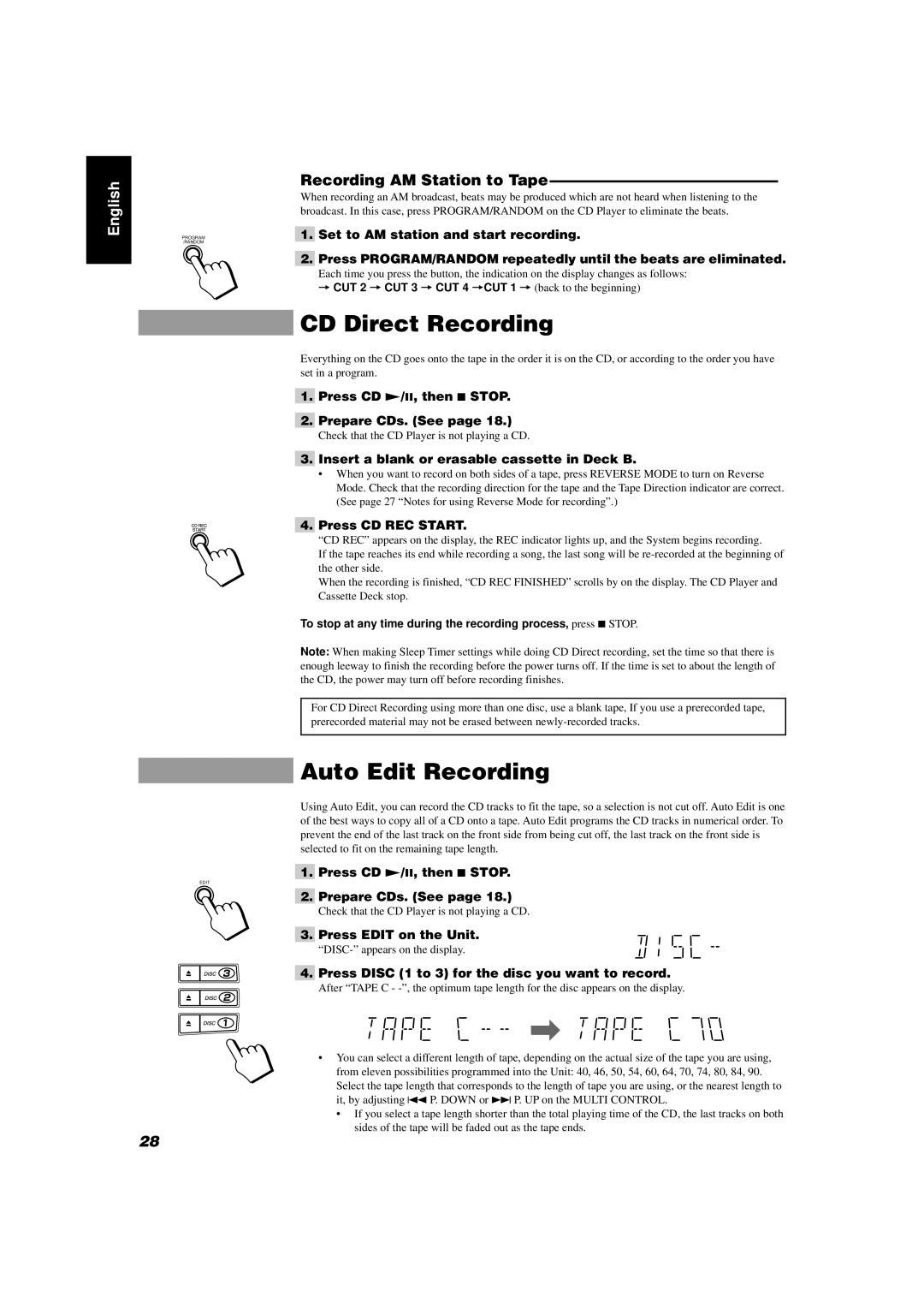 JVC CA-D432TR, CA-D452TR manual CD Direct Recording, Auto Edit Recording, Recording AM Station to Tape 