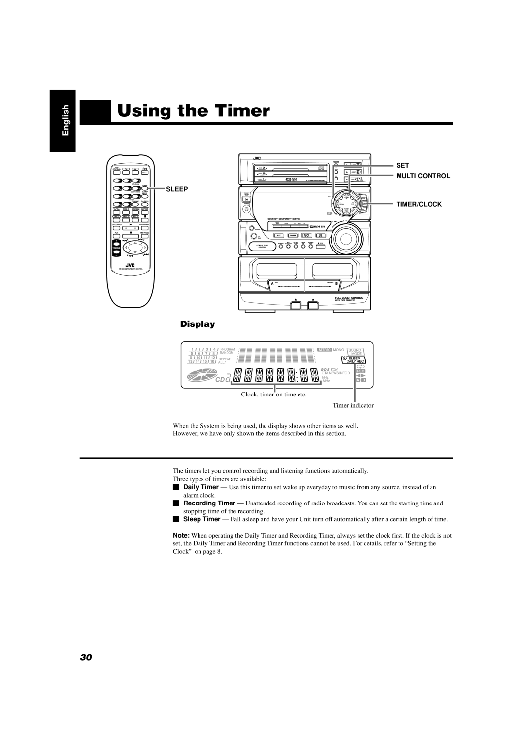 JVC CA-D432TR, CA-D452TR manual Using the Timer, Sleep, Timer/Clock 