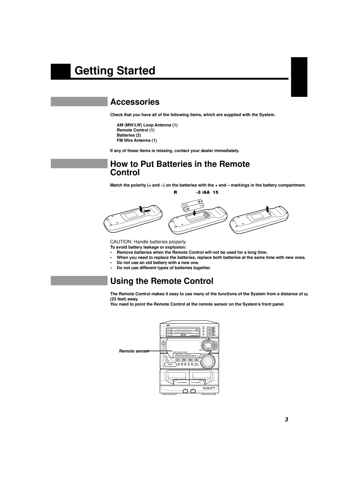 JVC CA-D452TR manual Getting Started, Accessories, How to Put Batteries in the Remote Control, Using the Remote Control 