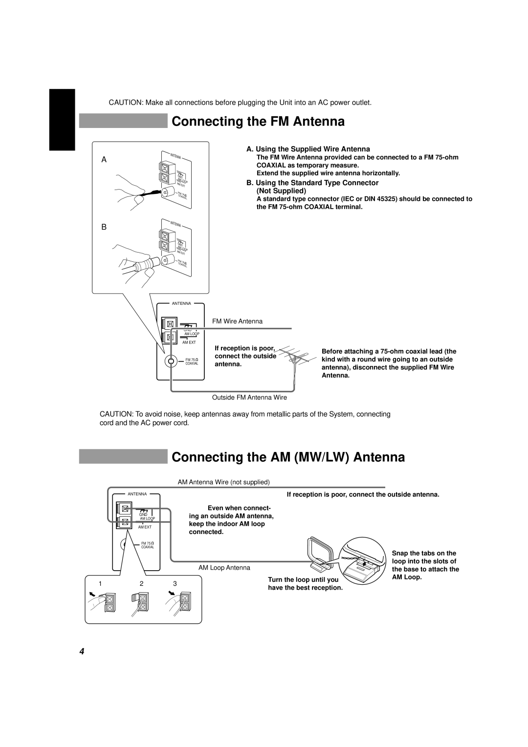 JVC CA-D432TR, CA-D452TR manual Connecting the FM Antenna, Connecting the AM MW/LW Antenna, Using the Supplied Wire Antenna 