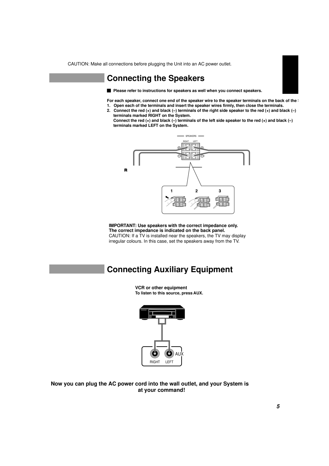 JVC CA-D452TR, CA-D432TR Connecting the Speakers, Connecting Auxiliary Equipment, VCR or other equipment, Right Speaker 