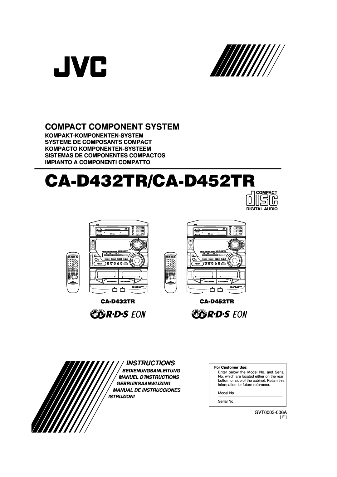 JVC CA-D452TR manual Compact Component System, Kompakt-Komponenten-System, Systeme De Composants Compact, Instructions 