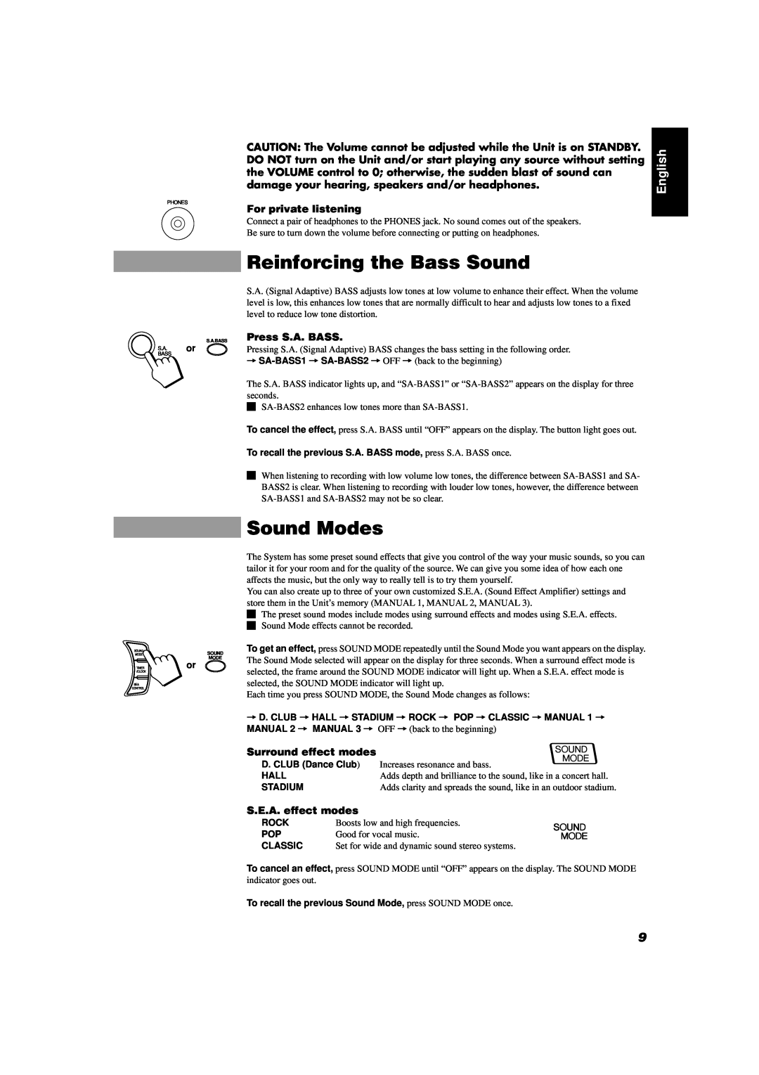 JVC CA-D452TR, CA-D432TR manual Reinforcing the Bass Sound, Sound Modes, English, For private listening, Press S.A. BASS 