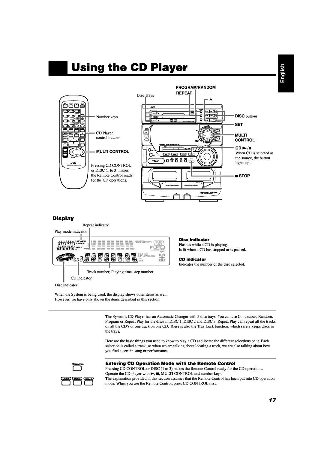 JVC CA-D452TR manual Using the CD Player, English, Display, Program/Random, Repeat, Multi Control, SET MULTI CONTROL CD £/8 