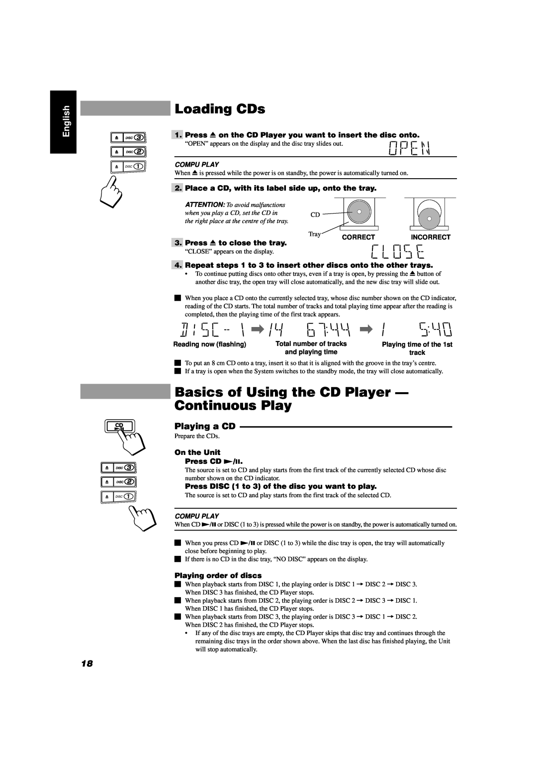 JVC CA-D432TR Loading CDs, Basics of Using the CD Player - Continuous Play, Playing a CD, English, Playing order of discs 