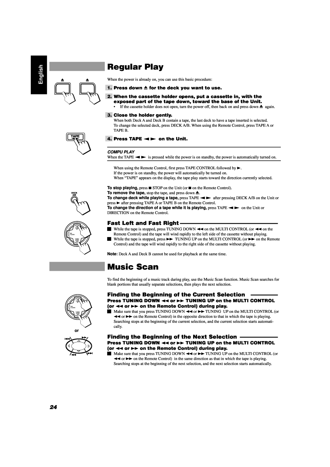 JVC CA-D432TR, CA-D452TR manual Regular Play, Music Scan, Fast Left and Fast Right, English 