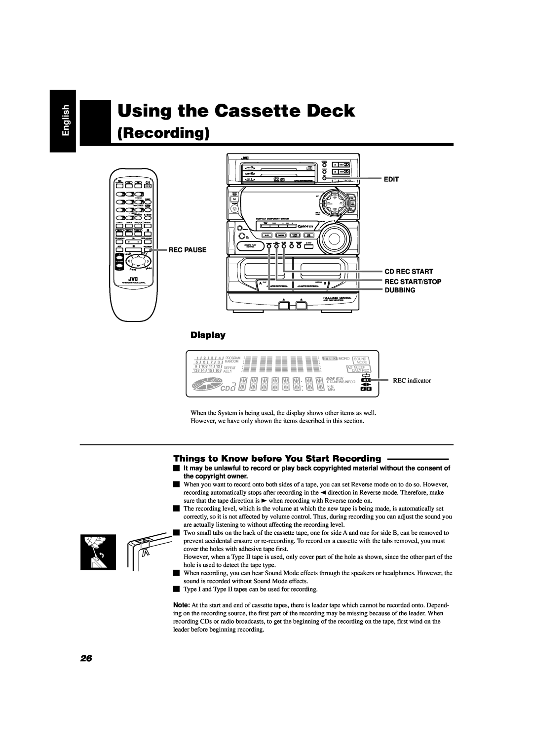 JVC CA-D432TR, CA-D452TR manual Things to Know before You Start Recording, Using the Cassette Deck, English, Display 