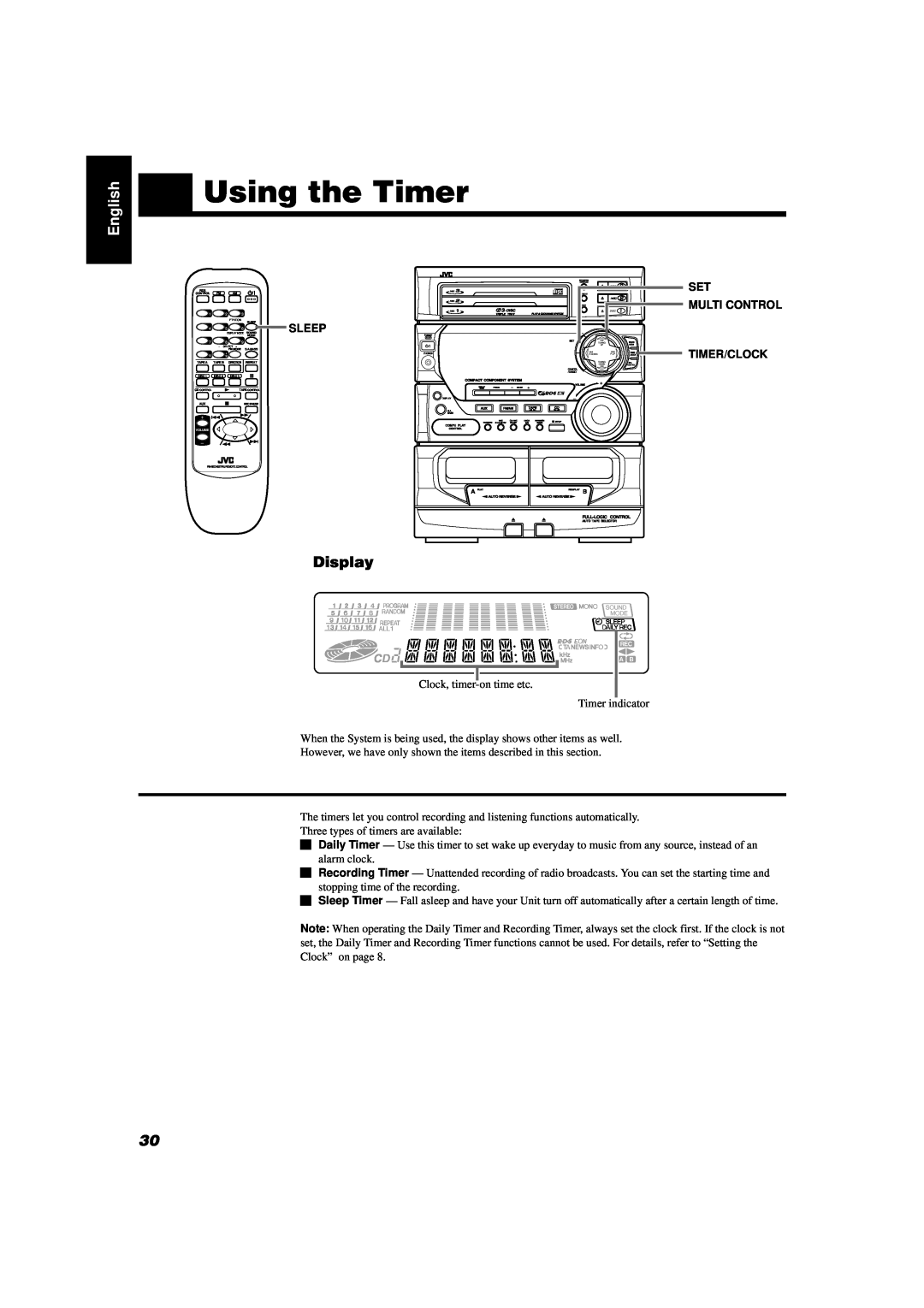 JVC CA-D432TR, CA-D452TR manual Using the Timer, English, Display, Multi Control, Sleep, Timer/Clock 