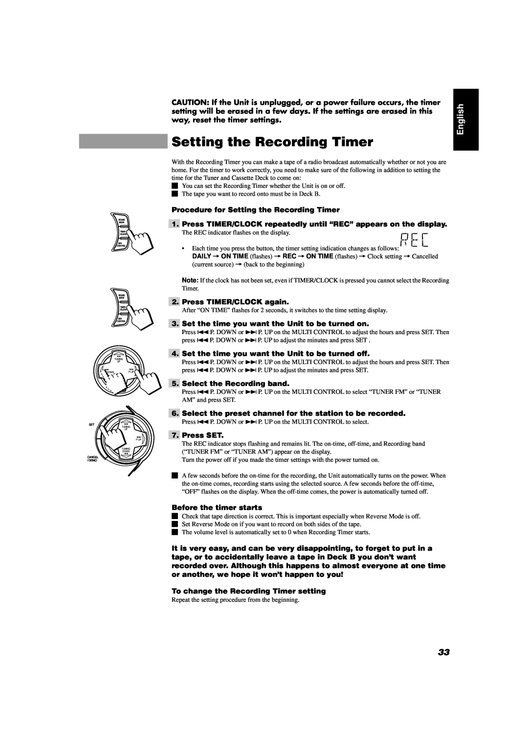 JVC CA-D452TR English, Procedure for Setting the Recording Timer, Press TIMER/CLOCK again, Select the Recording band 