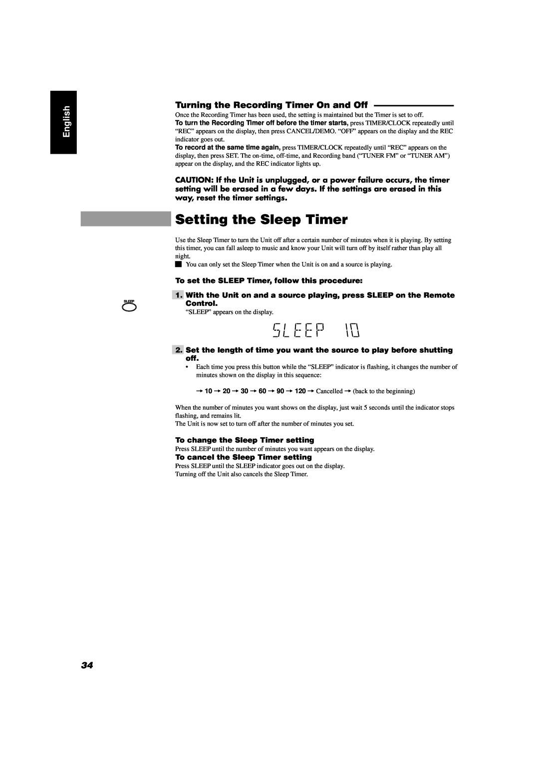 JVC CA-D432TR Setting the Sleep Timer, Turning the Recording Timer On and Off, English, To change the Sleep Timer setting 