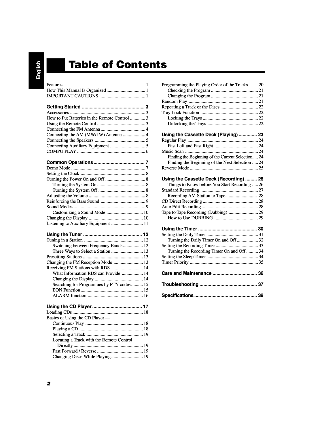 JVC CA-D432TR, CA-D452TR manual Table of Contents, English 