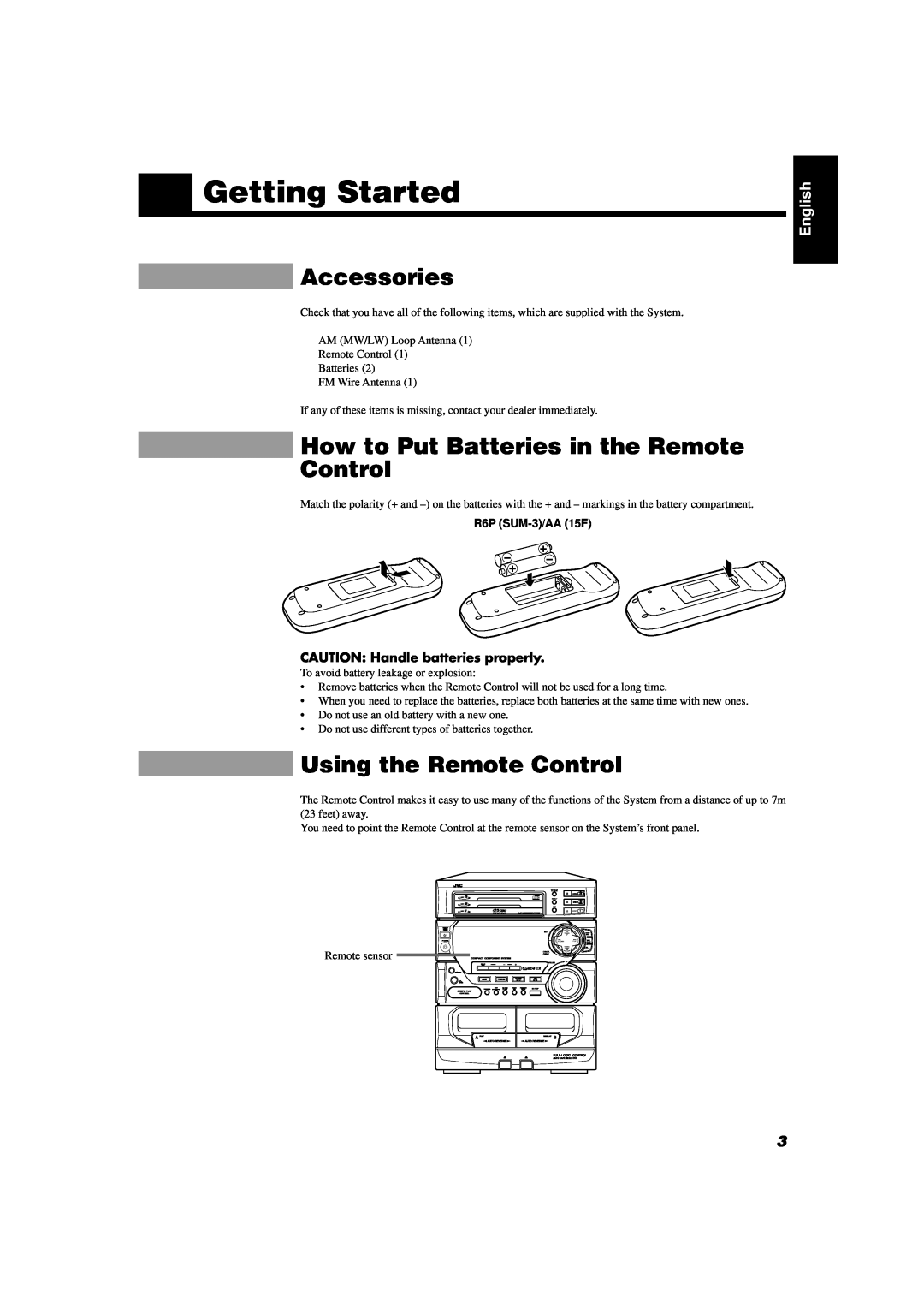 JVC CA-D452TR Getting Started, Accessories, How to Put Batteries in the Remote Control, Using the Remote Control, English 