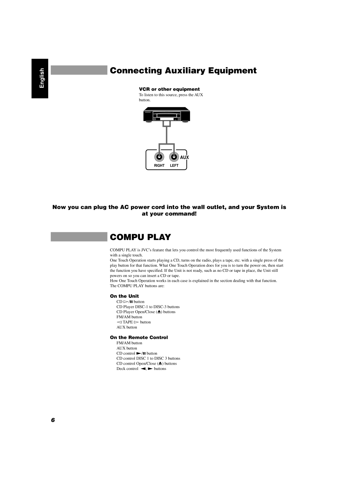 JVC CA-D351TR, CA-D551TR manual Connecting Auxiliary Equipment, VCR or other equipment, On the Unit, On the Remote Control 