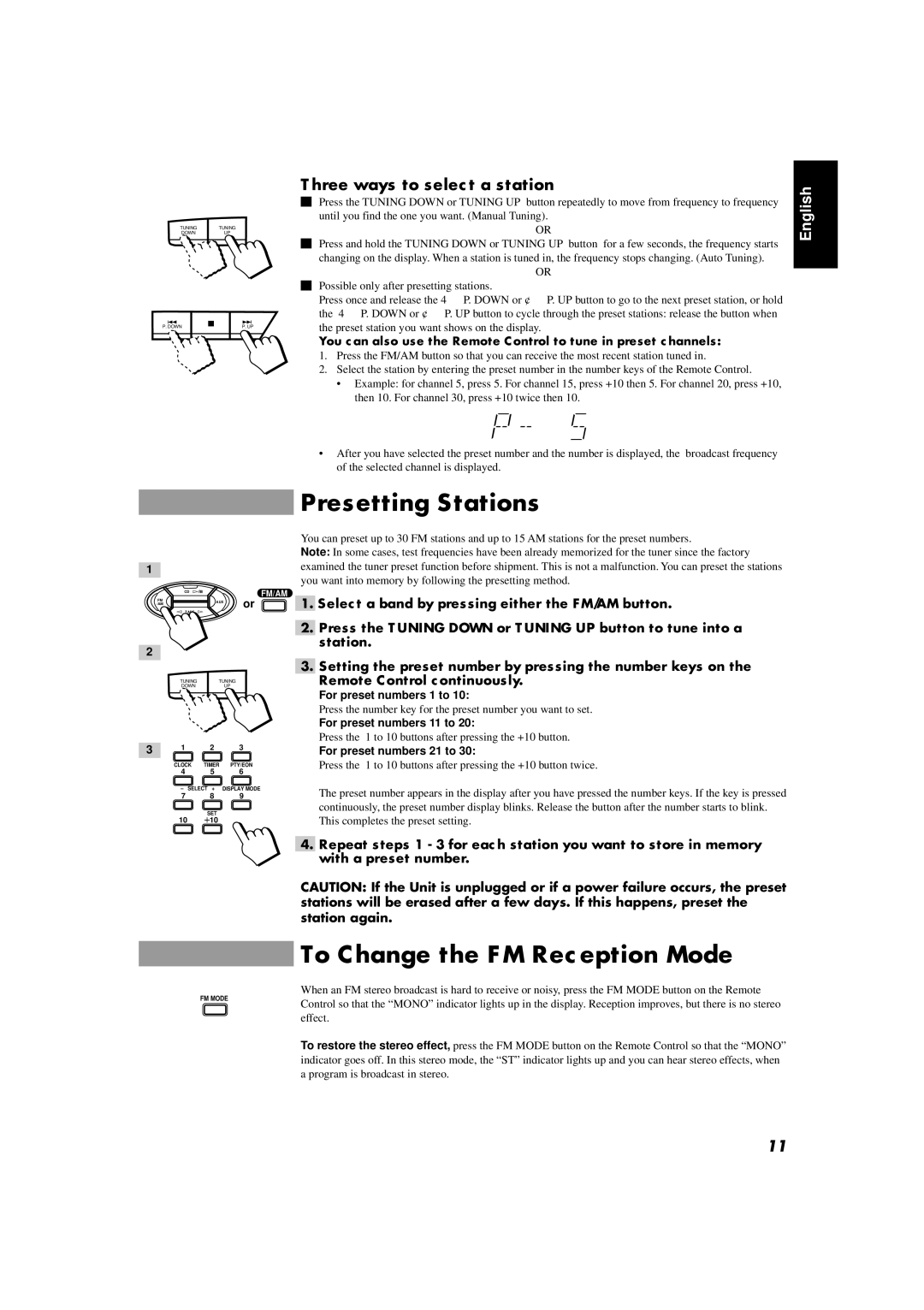 JVC CA-D551TR, CA-D351TR, CA-D451TR Presetting Stations, To Change the FM Reception Mode, Three ways to select a station 