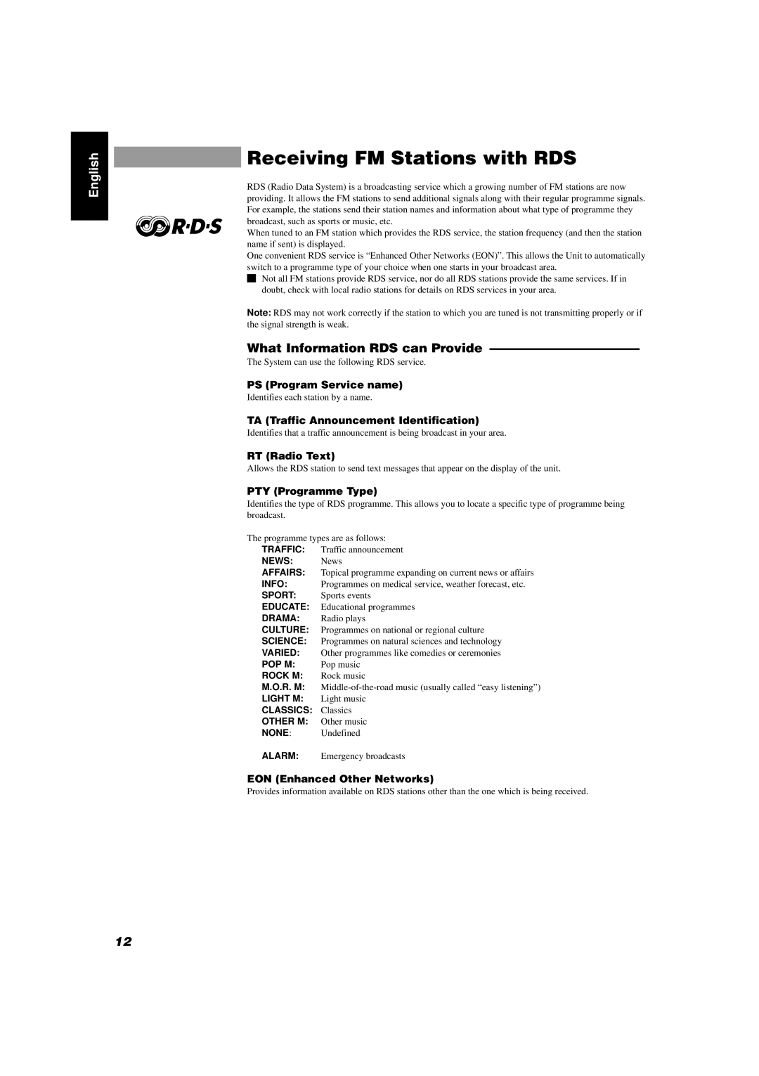 JVC CA-D351TR, CA-D551TR, CA-D451TR manual Receiving FM Stations with RDS, What Information RDS can Provide 