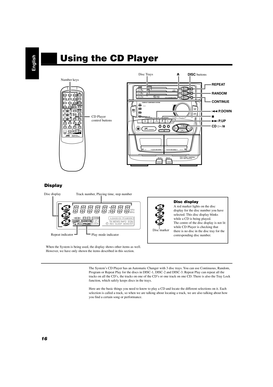 JVC CA-D451TR, CA-D551TR, CA-D351TR manual Using the CD Player, Disc display, Repeat, Random, Continue 