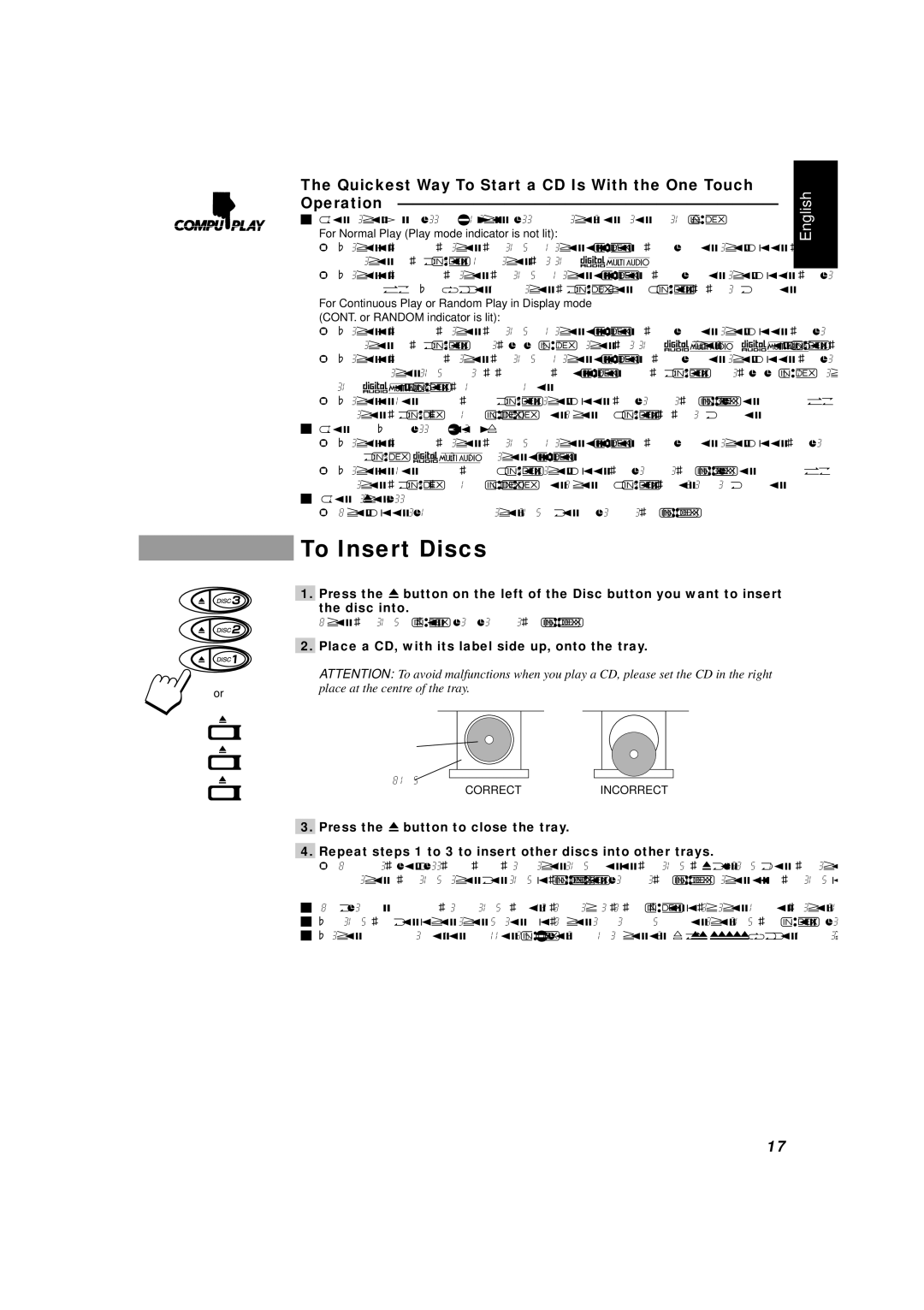 JVC CA-D551TR, CA-D351TR To Insert Discs, Quickest Way To Start a CD Is With the One Touch, Operation, Correctincorrect 